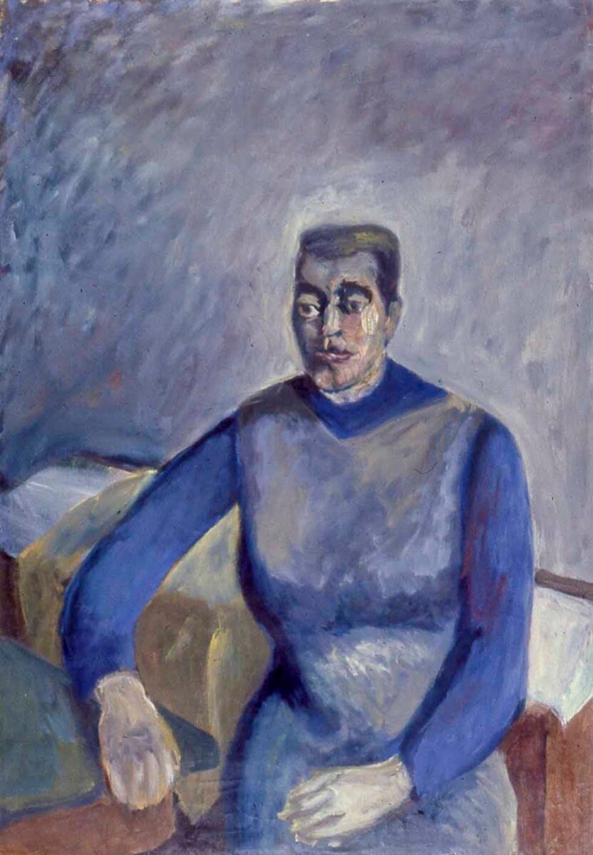 Flora with blue sweater